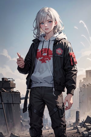 (masterpiece, best quality, highres, ultra-detailed),(beautiful and aesthetic:1.2), 1boy, silver wavy hair, sparkling grey eyes, androgynous face, stunning, wearing dirty hoodie, bomber jacket, utility pants, post-apocalyptic wasteland background, desert, particles of dust in the air,xs-wasteland-style