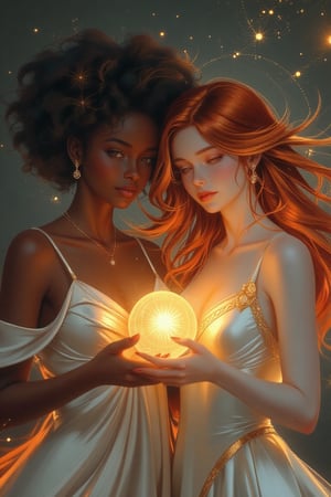 Digital illustration of two young women standing together, each holding a glowing orb that radiates an ethereal warm light. One woman has beautiful black skin and a voluminous curly afro, exuding confidence and grace. She wears flowing white garments that seem to float around her, enhancing her ethereal presence. 

Beside her, the second woman has striking reddish hair that cascades in soft waves around her shoulders, complementing her warm brown eyes. She, too, is dressed in elegant white attire that creates a harmonious and serene aesthetic. 

The orb they hold between them emits a soft, golden glow, illuminating their faces and casting gentle light on their surroundings. The atmosphere is magical and enchanting, with the warm light highlighting their stunning features and creating a sense of unity and power between the two women. Their expressions reflect a mix of wonder and determination, suggesting a deeper connection to the orb and the mystical energy it represents.