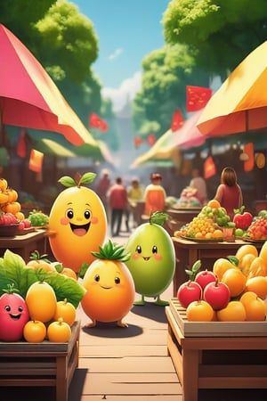 A vibrant cartoon scene in the Fruit World, showcasing a bustling market with anthropomorphic fruits in lively action. The framing captures a wide shot of the colorful marketplace, with bright, cheerful lighting highlighting the animated fruits.