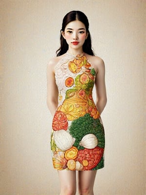 The image is an artistic representation of a female figure wearing a unique outfit. The outfit is a pencil dress that are designed to resemble a variety of the  Vietnamese white noodles, vegetables, meat, and sauces, arranged in a pattern that covers the entire garment. The figure is standing against a plain background with a textured appearance. Notable features include the detailed depiction of the food items on the clothing and the signature of the artist at the bottom right corner. The overall impression is one of creativity and fashion, blending the concept of clothing with culinary art.,Enhanced Realistic,Pho