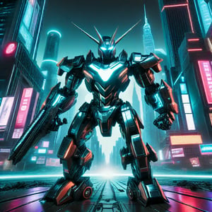 A dynamic scene of a robot warrior in mid-combat, its metallic limbs gleaming under the neon lights of a futuristic city street. The background features towering skyscrapers with holographic advertisements, and the ground is littered with debris from a recent battle. The robot is in a defensive stance, one arm raised to block an incoming attack, the other poised to strike. The lighting is dramatic, casting sharp shadows and highlighting the intricate details of the robot's armor. The composition is centered on the action, with the cityscape providing a high-tech, chaotic backdrop.