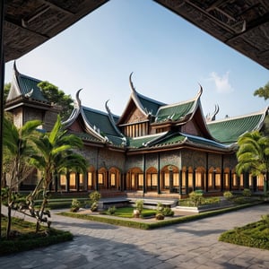 A detailed depiction of an Indochina-style building, showcasing intricate architectural elements, traditional motifs, and ornate carvings. The composition captures the building's grandeur with a wide-angle view, highlighting its intricate rooflines and decorative facades. The lighting is soft and warm, emphasizing the rich textures and colors of the building. The scene is set in a lush tropical environment, with vibrant greenery framing the structure.