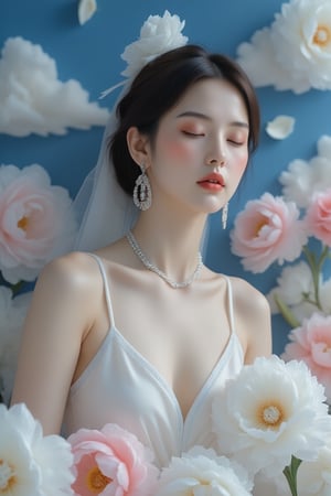 A serene young Asian woman, dressed in a flowing white sleeveless dress with delicate blue accents, sits poised amidst a whimsical floral arrangement. Soft focus envelops the scene as petals unfold like brushstrokes on canvas. A slender white ribbon secures her neat low bun, while silver jewelry glints softly. Eyes closed, she contemplates amidst vibrant flowers dancing across wavy clouds against a deep blue backdrop.