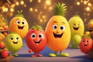 A vibrant cartoon scene in the Fruit World, showcasing a bustling market with anthropomorphic fruits in lively action. The framing captures a wide shot of the colorful marketplace, with bright, cheerful lighting highlighting the animated fruits.