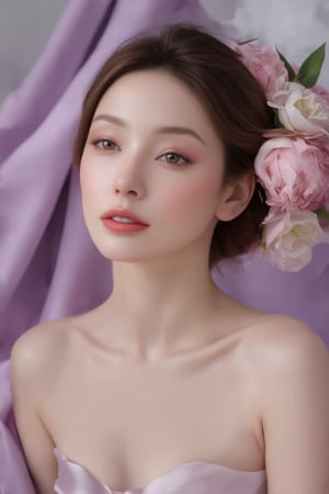 The image is a portrait of a woman who appears to be styled for a beauty shoot. TA beautiful and very nice face off character's attire and the presence of flowers suggest a theme that could be associated with spring or romance. The soft focus on the background puts the emphasis on the woman, highlighting her features and the fabric she is wearing. The color palette is composed of soft pinks and purples, which contribute to the overall gentle and serene mood of the image. There is no text present in the image to provide additional context.,Elite beauty,Realistic Enhance