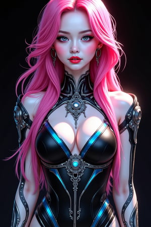 In a sleek black isometric frame, a stunning cyberpunk beauty rises from the shadows, her porcelain-white skin radiant against the dark backdrop as pink hair flows down her shoulders like a fiery aurora. Robotic steampunk designs on her limbs resemble intricate tattoos, while a luxury logo glows with metallic filigree and blue accents on her chest, evoking high-fashion sophistication in this futuristic tableau.,anime