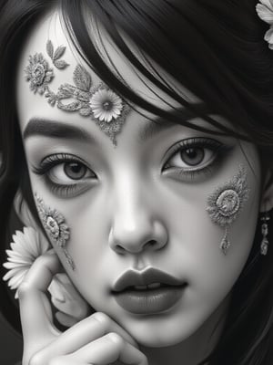 (Black and white, intricate details, close-up of a woman's face with an intricate design, 3DCGI anime fantasy artwork, necro, detailed patterned skin, abstract fragments, impressive eyes, mixed media, 3D rendering Silver painting, symmetrical beauty, ambient occlusion rendering, psytrance), Detailed Textures, high quality, high resolution, high Accuracy, realism, color correction, Proper lighting settings, harmonious composition, Behance works,ct-niji2,xxmix_girl,goth person