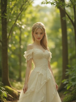 A regal princess standing tall in a lush, green forest, sunlight filtering through the trees above, casting a warm glow on her porcelain skin. Her long, golden hair flows behind her like a river of sunset hues, as she wears a flowing white gown with delicate lace trim. The camera frames her from the waist up, capturing her serene expression and gentle smile.