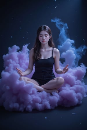 A surreal still life: A young girl sits cross-legged on a dark, starry background, her eyes closed in concentration. She's surrounded by swirling clouds of purple and blue gases, echoing the cosmic vortex of a black hole. Her hands rest palms-upward, as if channeling the celestial forces. The lighting is dim, with faint streaks of light tracing the curves of the galactic dust.,wonder beauty