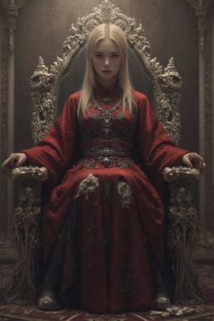 breathtaking RAW photo of female (Hayao Miyazaki style ~ ((20 years old)) Scandinavian blonde female warrior sitting on a bone throne, red armor, highly detailed and intricate, dynamic pose, more detail XL, tetradic colors, epic masterpiece, cinematic experience, 8k, dark fantasy digital art

)), dark and moody style, perfect face, outstretched perfect hands . masterpiece, professional, award-winning, intricate details, ultra high detailed, 64k, dramatic light, volumetric light, dynamic lighting, Epic, splash art .. ), by james jean $, roby dwi antono $, ross tran $. francis bacon $, michal mraz $, adrian ghenie $, petra cortright $, gerhard richter $, takato yamamoto $, ashley wood, tense atmospheric, , , , sooyaaa,IMGFIX,Comic Book-Style,Movie Aesthetic,action shot,photo r3al,bad quality image,oil painting, cinematic moviemaker style,Japan Vibes,H effect,koh_yunjung ,koh_yunjung,kwon-nara,sooyaaa,colorful,bones,skulls,armor,han-hyoju-xl ,DonMn1ghtm4reXL, ct-fujiii
,oiran,furisode,ct-jeniiii, ct-goeuun,yaya, HanFu,golden kimono,kamado nezuko,sword maiden,theresa apocalypse,koling,ct-rosseeiiee,ct-rosseeiiee,ct-virtual