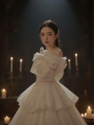 A majestic princess standing in a dimly lit chamber, surrounded by the soft glow of candles. Her regal figure emerges from the shadows, her porcelain skin illuminated by the gentle light. The flickering flames cast a warm ambiance, highlighting the delicate features and striking pose of the princess as she stands tall, bathed in an air of mystery and elegance.