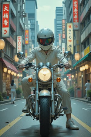 Surrealism, Ukiyo-e art style, a man wearing helmet, riding motorcycle in the city of neotokyo, akira anime style, 80's anime style, retrofuture