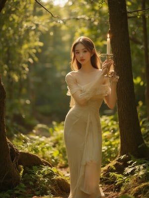 Majestic Princess Standing Amidst Lush Canopy: A Regal Figure Emerges from the Dappled Light of the Forest Floor, Her Porcelain Skin Radiant in Warm Hues as She Grips a Towering Candle, Its Soft Glow Illuminating her Ethereal Features, the Vernal Environment's Verdant Canopy and Sunlit Underbrush Providing a Serene Backdrop for this Enchanting Scene.