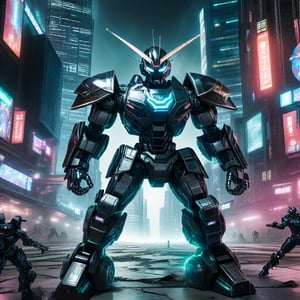 A dynamic scene of a robot warrior in mid-combat, its metallic limbs gleaming under the neon lights of a futuristic city street. The background features towering skyscrapers with holographic advertisements, and the ground is littered with debris from a recent battle. The robot is in a defensive stance, one arm raised to block an incoming attack, the other poised to strike. The lighting is dramatic, casting sharp shadows and highlighting the intricate details of the robot's armor. The composition is centered on the action, with the cityscape providing a high-tech, chaotic backdrop.,Games ID Card