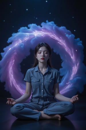 A surreal still life: A young girl sits cross-legged on a dark, starry background, her eyes closed in concentration. She's surrounded by swirling clouds of purple and blue gases, echoing the cosmic vortex of a black hole. Her hands rest palms-upward, as if channeling the celestial forces. The lighting is dim, with faint streaks of light tracing the curves of the galactic dust.,wonder beauty