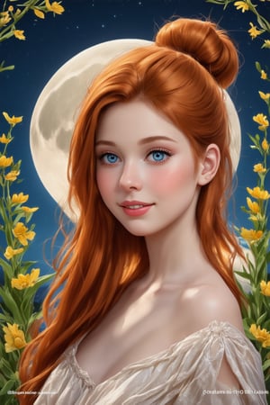 (1girl, smile, face focus, bun hair, perfect face, medium shot, gracefully, golden petals and green flowers form intricate patterns against the backdrop of the moon, reminiscent of the styles of Da Vinci), Detailed texture, High quality, High resolution, High precision, Realism, Color correction, Proper lighting settings, Harmonious composition, Behance Works,detail-rendering,Realistic Enhance,redhead