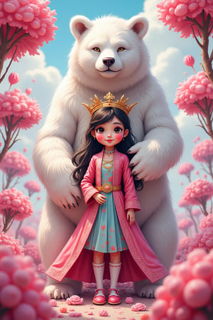 Here is the refined prompt:"Vibrant candy world, intricately detailed Vietnamese doll-like girl, surrounded by swirling lollipops and gumdrop trees, stands confidently with her majestic white bear companion, both adorned with intricate armor and regal attire, ready to face the ominous dark forces in an epic battle.",anime