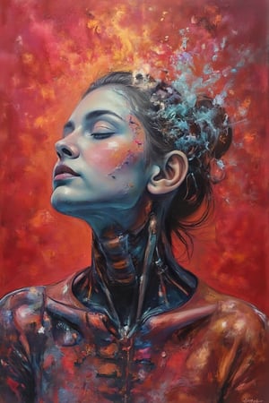 A teenage cyborg, enhanced with futuristic appendages, stands amidst an eerie red backdrop and mesmerizing blue gradient. Her hair disintegrates into powder as it drifts away from her head, as if suspended in a dreamlike state. Brushstrokes of varying thickness and texture convey the portrait's abstract essence, while HDR lighting accentuates the subject's features, inviting the viewer to unravel the mystery.