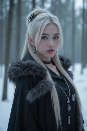 A fierce female warrior fighting in a snowy forest, in Medieval cloak, fur trimmed cloak, long hair, looking at viewer, blue eyes, simple background, (hair ornament), gem, tassel, hair between eyes, jewelry, upper body, earrings, lips, fur trim, eyelashes, portrait, beads, emo, (sharp eyes:1.4), (rebellious:1.4), (fierce:1.4), (standing: 1.2), silver-white hair, Gothic make-up, tough, wild. Kyoto Animation stylized anime, cinematic Lighting, ethereal light, intricate details, extremely detailed, incredible details, full colored, complex details, insanely detailed and intricate, hyper maximalist, gorgeous light and shadow, detailed decoration, detailed lines. Masterpiece, best quality, aerial view, HDR, UHD, unreal engine. looking at the camera, dark Fantasy background, representative, fair skin, beautiful face,A beautiful girl, blonde hair, dynamic character, detailed exquisite face, bold high quality, high contrast,art_booster,DonMS4kur4XL,wonder beauty,hot body