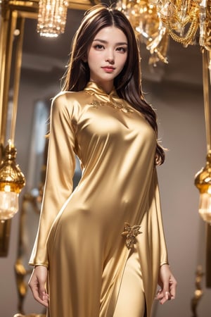 ((Masterpiece)),((Best Quality))),((Ultra Detail)),1girl, eurasian, brown hair, very beautiful, wear a soft silk clothes, elegant looking,Inspired by the Gold,wonder beauty 