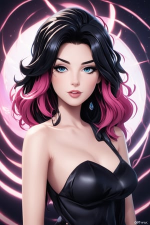 A captivating portrait of a mix black and pink medium hair style with luscious, big wavy locks framing her radiant face. Behind her, a vibrant digital abstract visuals adds a pop of color to the serene atmosphere.,Enhance,Realistic Enhance,Cartoon