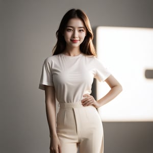 A young woman stands confidently, her gaze directly meeting the viewer's, creating a powerful connection. She is framed in a minimalist setting, with soft, even lighting highlighting her expressive eyes and subtle smile. Her posture is open, with one hand casually placed on her hip, exuding a sense of approachability and confidence. The composition draws the viewer in, focusing on the intensity and honesty of her direct look.,Supreme