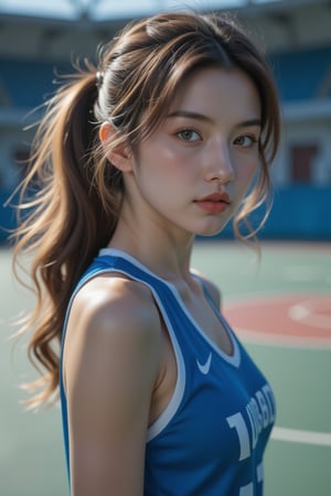 ((Generate hyper realistic full body portrait of  captivating scene featuring a stunning 20 years old girl,)) ((semi side view,)) with medium long blonde hair, flowing curls, little smile, donning a blue basketball  jersey, on a Olympic basketball court,  piercing, blue eyes, photography style , Extremely Realistic,  ,photo r3al,action shot