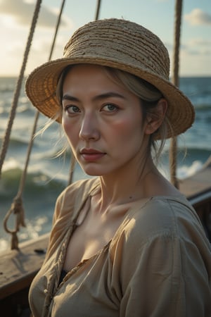 Create a portrait photograph of an elderly woman, her face etched with deep wrinkles, revealing the resilience and weariness of a life fully lived. Her timid blue eyes, shaded by a well-worn straw hat, gaze out toward the horizon, a silent witness to the ever-changing sea. Standing on the deck of an ancient vessel, waves crashing against its weathered sides, she embodies the enduring spirit of a timeless voyager. The setting sun casts long shadows across the worn planks, playing with the light and shadow that dance upon her rugged features, a captivating blend of nostalgia and wonder.