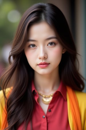 a young Asian woman with long dark brown hair is stunning. She is wearing a gold necklace, a red button-down shirt, and a yellow and orange shawl. The background is blurred, creating a soft focus on the woman's face. The woman's eyes are a piercing blue, and her lips are a darker pink. Her hair is cascading down her shoulders, adding a pop of color to her face.