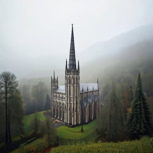 A misty forest scene featuring an old gothic cathedral with intricate stonework and towering spires. The cathedral is partially obscured by the dense fog, creating an eerie and mystical atmosphere. The lighting is soft and diffused, enhancing the cathedral's gothic architecture. The composition captures the cathedral's grandeur amidst the natural beauty of the forest, with trees and fog blending seamlessly around it.