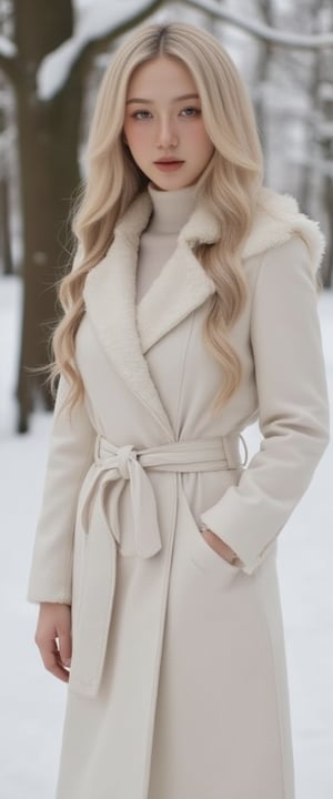 A stunning Scandinavian model stands confidently in a crisp winter wonderland setting, her long blonde hair blown back by the gentle breeze. She wears a fitted white coat with a faux fur trim, cinched at the waist by a wide leather belt. Her bright blue eyes sparkle under the soft glow of the snow-covered trees' twinkling lights.