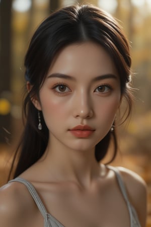 Beautiful soft light, (beautiful and delicate eyes), very detailed, pale skin, (long hair), dreamy, ((front shot)), soft expression, bright smile, art photography, fantasy, jewelry, shyness, soft image, masterpiece , ultra-high resolution, color, very delicate and soft lighting, details, Ultra HD, 8k, highest quality, silhouette of a woman in the fallen leaves, dual screen,