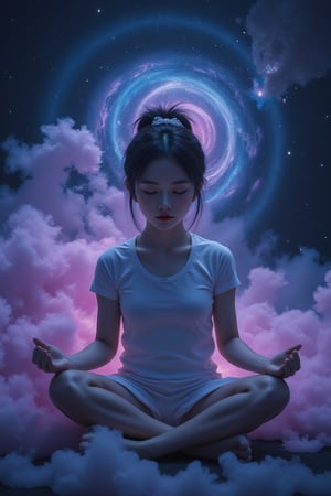 A surreal still life: A young girl sits cross-legged on a dark, starry background, her eyes closed in concentration. She's surrounded by swirling clouds of purple and blue gases, echoing the cosmic vortex of a black hole. Her hands rest palms-upward, as if channeling the celestial forces. The lighting is dim, with faint streaks of light tracing the curves of the galactic dust.,wonder beauty,Art