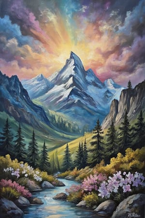 Craft an evocative portrayal of a majestic mountain vista employing the alcohol painting technique in fine art oil painting. The composition should immerse viewers in a close-up encounter with the rugged terrain, suffused with surreal elements and devoid of any framing. Title the piece "To be, or not to be: that is the question." Embrace the visionary spirit reminiscent of Remedios Varo, infusing the landscape with imaginative and dreamlike qualities.