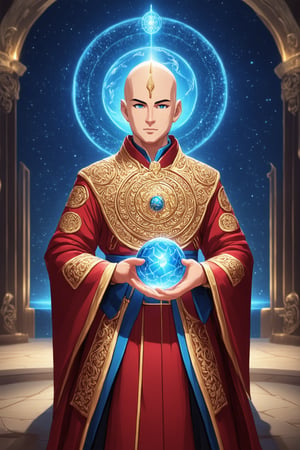 A majestic bald figure with East Asian features wears ornate traditional attire adorned with circular patterns and intricate designs, central forehead marking aglow. Richly decorated robe shines with golden and red motifs, signifying high status or ceremonial significance. Glowing orb in hand emits blue light, focal point amidst futuristic background blending ancient traditions with technological elements, suggesting a harmonious fusion of legacy, power, and enlightenment.