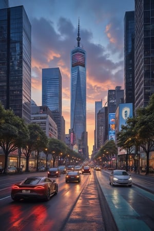 A city awakens as dusk descends on a futuristic metropolis, where gleaming skyscrapers pierce the sky like shards of glass. Neon hues dance across streets, casting an otherworldly glow on sleek, aerodynamic cars zipping by. Towering structures seem to defy gravity, their LED lights pulsating in rhythmic harmony with the hum of urban energy.