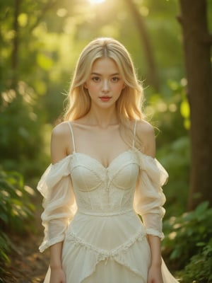 A regal princess standing tall in a lush, green forest, sunlight filtering through the trees above, casting a warm glow on her porcelain skin. Her long, golden hair flows behind her like a river of sunset hues, as she wears a flowing white gown with delicate lace trim. The camera frames her from the waist up, capturing her serene expression and gentle smile.