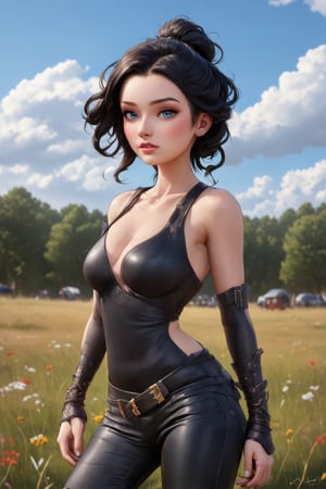 women. beautiful detailed face, black hair, pale skin, light skin, realistic skin, detailed fabric texture, detailed hair texture, perfect proportion, accurate, anatomically correct, highly detailed skin and face texture, modern, photorealistic, perfect face, hyper realism, mega realism, high quality. warrior, ancient mongolia, messy hairstyle. whole body. black pants, black boots,digital art