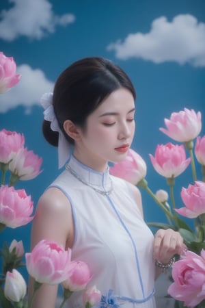 a medium-sized portrait of a young Asian woman, dressed in a white sleeveless dress, adorned with blue accents. Her hair is styled in a low bun, with a white ribbon tied around her neck. She is adorned with a silver necklace and a bracelet, adding a touch of charm to her dress. Her eyes are closed, as if she is looking down at something. The backdrop is a deep blue, with wavy white clouds in the sky, creating a striking contrast with the vibrant colors of the flowers. The flowers are arranged in a way that creates a sense of movement, adding depth to the composition.,pink art