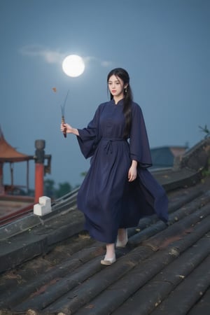 Long shot of character, movie style, on the tile roof, a cute kitten ((sword in hand, flying forward, feet off the roof)), wearing ancient Chinese robe, flowing robe, bright moon in the sky, Chinese martial arts style