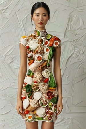 The image is an artistic representation of a female figure wearing a unique outfit. The outfit is a pencil dress that are designed to resemble a variety of the  Vietnamese white noodles, vegetables, meat, and sauces, arranged in a pattern that covers the entire garment. The figure is standing against a plain background with a textured appearance. Notable features include the detailed depiction of the food items on the clothing and the signature of the artist at the bottom right corner. The overall impression is one of creativity and fashion, blending the concept of clothing with culinary art.,Enhanced Realistic,Pho