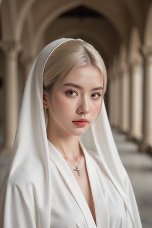 A Byzantine style girl in monastery, white head-cloths and veils. (masterpiece, top quality, best quality, official art, beautiful and aesthetic:1.2), (1girl:1.4), portrait, extreme detailed, highest detailed, simple background, 16k, high resolution, perfect dynamic composition, bokeh, (sharp focus:1.2), super wide angle, high angle, high color contrast, medium shot, depth of field, blurry background