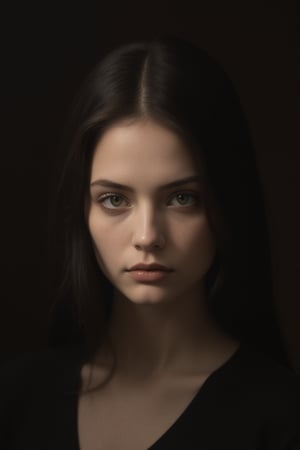 A close-up shot of the young woman's face, her piercing green eyes gazing directly into the camera lens. She sits calmly in a dimly lit studio, her raven-black hair falling in loose waves down her back. A single spotlight casts a warm glow on her porcelain skin, accentuating the subtle contours of her features. The soft focus and dramatic lighting create an intimate atmosphere, drawing the viewer's attention to the subject's enigmatic expression.,t-shirt,Enhanced all