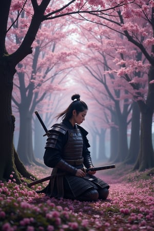 Samurai kneels, ancient armor worn, sword drawn, reflective gaze amidst falling cherry blossoms in a dense Cherry Blossom Grove, bathed in twilight's ethereal glow as petals carpet the ground. The mystical ambiance is palpable. In the background, Aokigahara Forest's towering trees cast long shadows, a faint mist envelops the silence, and hidden depths remain unseen.