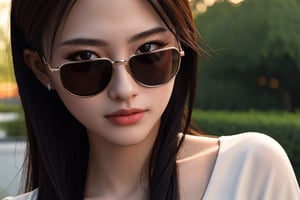 masterpiece, (best quality:1.4), ultra-detailed, 1 girl, 22yo, wear daily elegant outfit, close up perfect face, outdoor, sunglasses, dramatic lighting, high resolution, genuine emotion, wonder beauty,