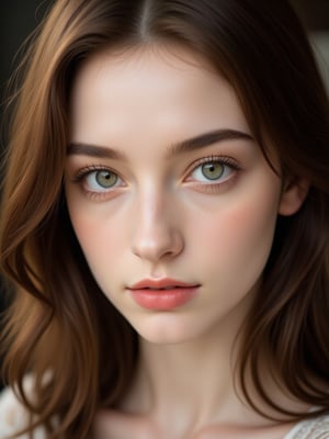 portrait of a young woman. she is looking up at the camera. her shoulder length brown hair frames her face. she is confident. natural beauty. beautiful green eyes with a little brown ring in her iris. catchlights in the eyes. full lips. The image has a neutral color tone with natural light setting. f/5.6 50mm, close-up, sharp focus, (Best Quality:1.4), (Ultra realistic, Ultra high res), Highly detailed, Professional Photography