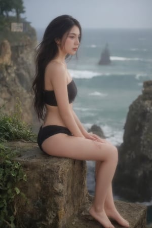 A stunning young woman sits precariously on the edge of a weathered cliff, her sun-baked skin glowing warmly in the fading light. Her piercing warm blue eyes are lost in thought as she gazes out at the seemingly endless expanse of ocean below. The wind gently tousles her raven-black hair as the waves crash and foam against the rocky shore. Framed by a rugged, overgrown cliffside, she appears a tiny but resolute figure, dwarfed by the raw power of nature yet fully embracing its majesty.,Art