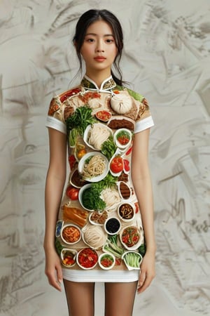 The image is an artistic representation of a female figure wearing a unique outfit. The outfit is a pencil dress that are designed to resemble a variety of the  Vietnamese white noodles, vegetables, meat, and sauces, arranged in a pattern that covers the entire garment. The figure is standing against a plain background with a textured appearance. Notable features include the detailed depiction of the food items on the clothing and the signature of the artist at the bottom right corner. The overall impression is one of creativity and fashion, blending the concept of clothing with culinary art.,Enhanced Realistic,Pho