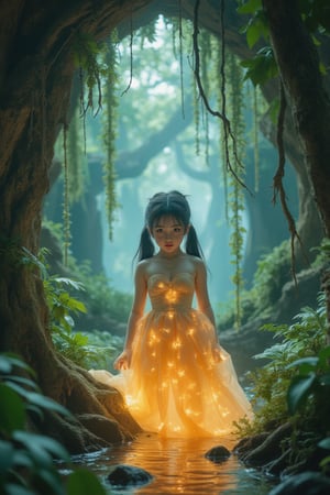 A digital artwork captures a young girl in awe as she stumbles upon an enchanted forest hidden beneath the surface, where warm terracotta hues gradually transition into cooler teal shades. Drawing inspiration from surreal narratives and whimsical landscapes, this piece showcases a protagonist whose luminous dress merges seamlessly with surrounding flora, her expression conveying serene amazement. From a unique angle, intricate patterns of roots and vines weave together to form an underground world that is both beautiful and enigmatic, reflecting the landscape's depth through its shifting color palette.,Best face ever,wonder beauty