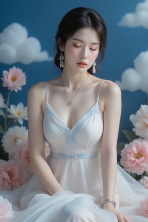 A serene young Asian woman, adorned in a flowing white sleeveless dress with delicate blue accents, sits poised amidst a whimsical floral arrangement, its petals unfolding like tender brushstrokes on a canvas of soft focus. Her hair is styled in a neat low bun, secured by a slender white ribbon that wraps delicately around her neck like a whispered secret. A silver necklace and bracelet glint softly, imbuing the scene with subtle luminescence. As she sits elegantly, eyes closed in quiet contemplation, vibrant flowers seem to dance across wavy white clouds drifting lazily against the deep blue backdrop, their gentle movements echoing the soft rhythm of her peaceful reverie.